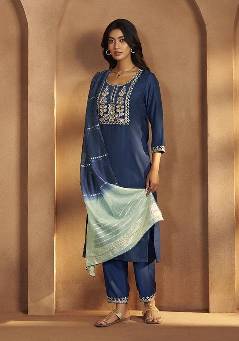 Blue Embroidery Cotton Kurta Set