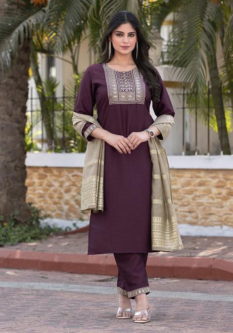 Wine Embroidery Silk Blend Kurta Set