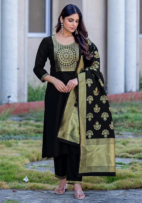 Black Motif Cotton Kurta Set