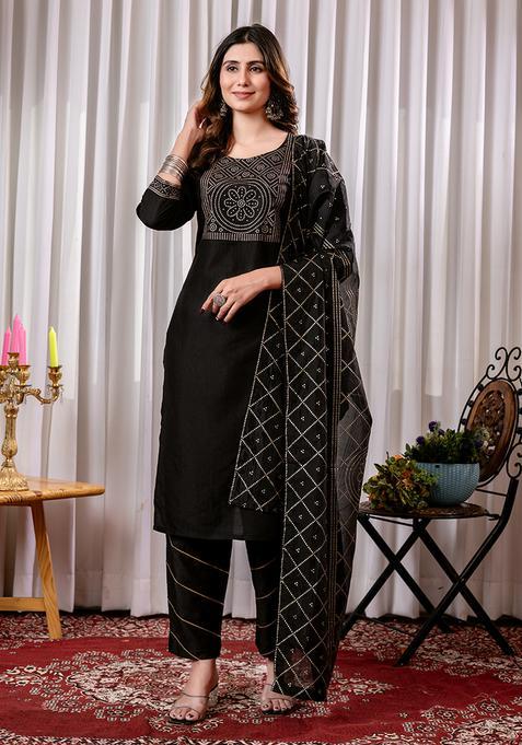 Black Printed Chinnon Kurta Set