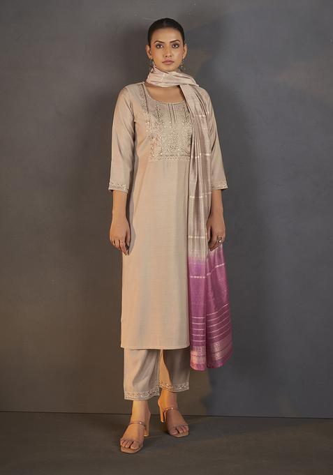 Cream Embroidery Silk Kurta Set