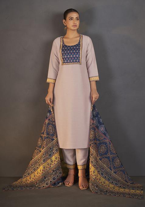 Cream Printed Chinnon Kurta Set