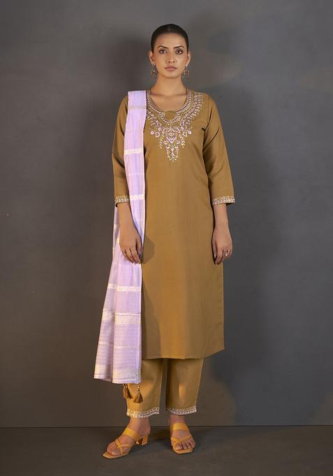 Mustard Embroidery Cotton Kurta Set