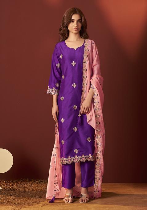 Purple Embroidery Chinnon Kurta Set