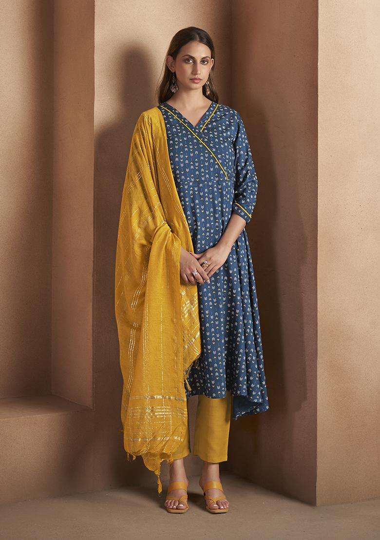 Navy Blue Printed Viscose Rayon Kurta Set - Indya