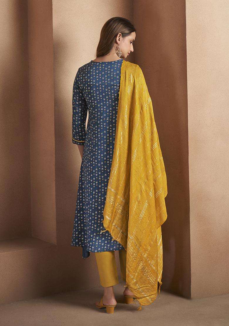 Navy Blue Printed Viscose Rayon Kurta Set - Indya