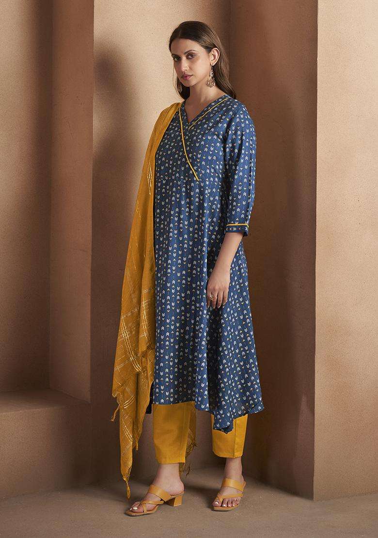 Navy Blue Printed Viscose Rayon Kurta Set - Indya
