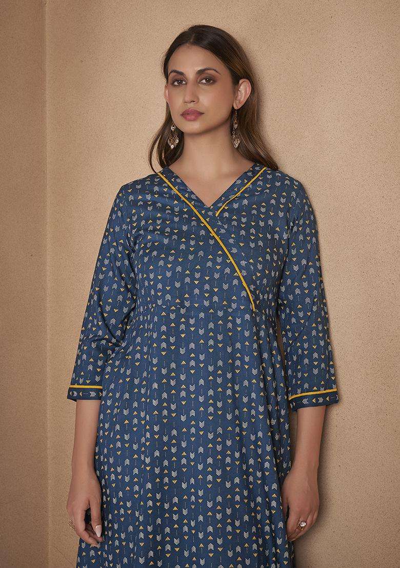 Navy Blue Printed Viscose Rayon Kurta Set - Indya