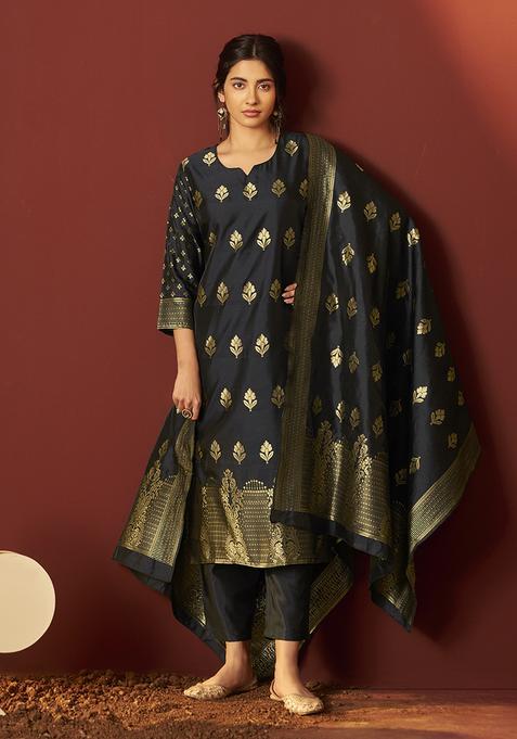 Black Motif Silk Blend Kurta Set