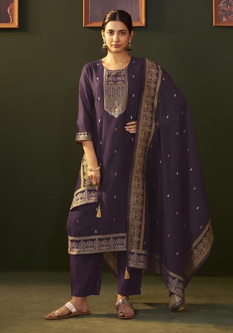 Purple Motif Chanderi Kurta Set
