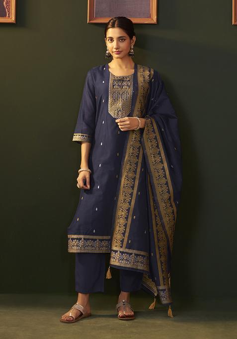 Navy Blue Motif Chanderi Kurta Set