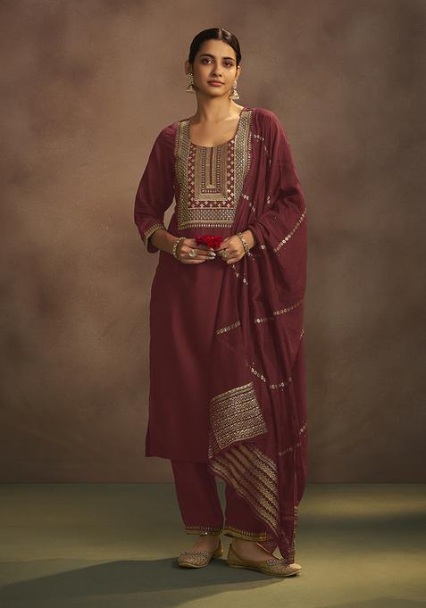 maroon Embroidery Chinnon Kurta Set