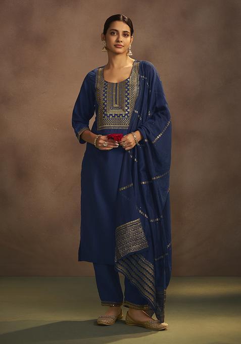 Navy Blue Embroidery Chinnon Kurta Set