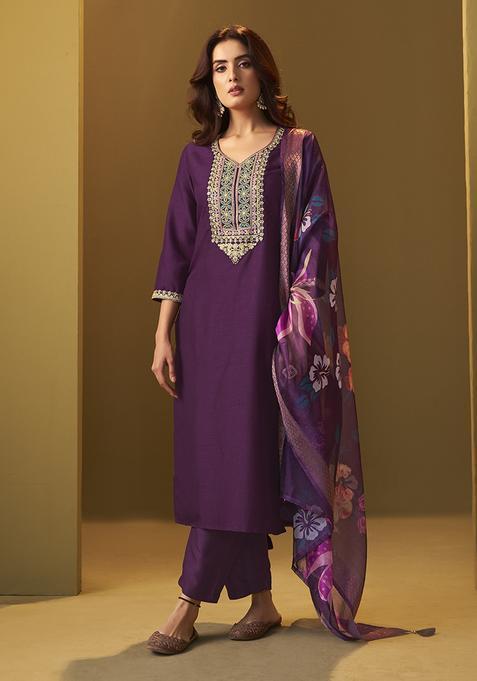 Purple Embroidery Cotton Kurta Set
