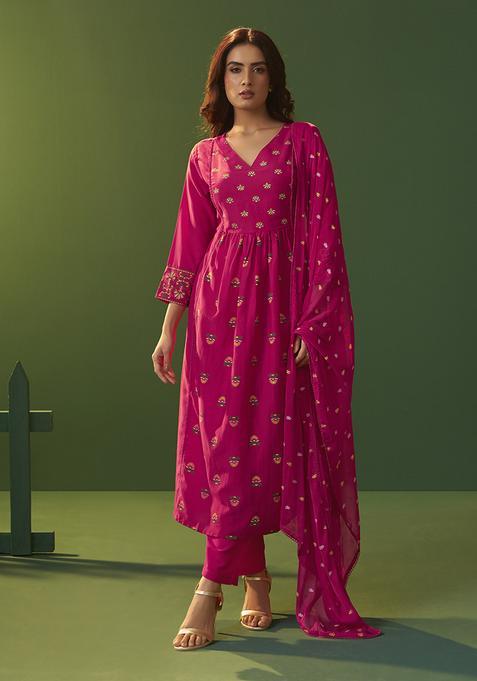 Pink Printed Chinnon Kurta Set