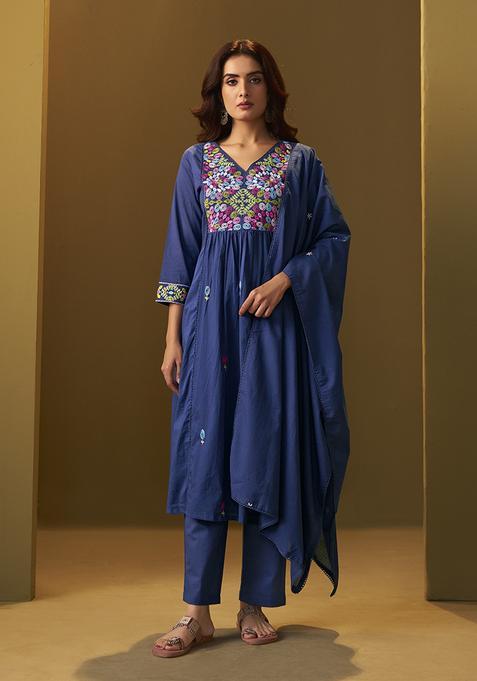 Navy Blue Embroidery Cotton Kurta Set