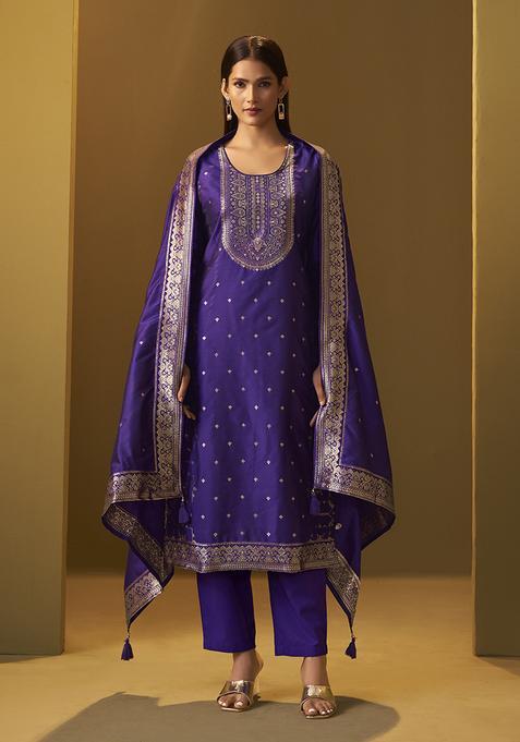 Navy Blue Motif Silk Kurta Set