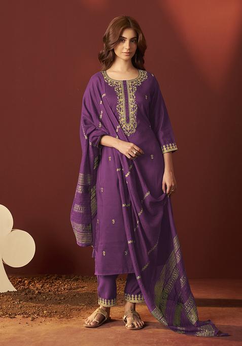 Purple Embroidery Chinnon Kurta Set