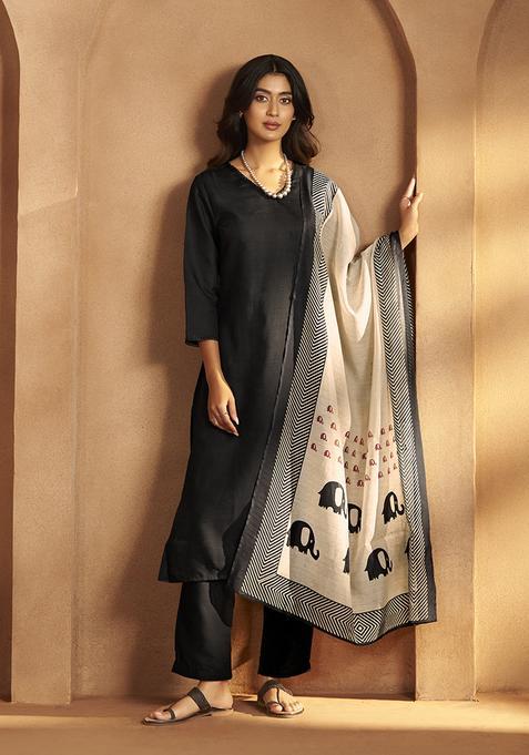 Black Printed Cotton Kurta Set