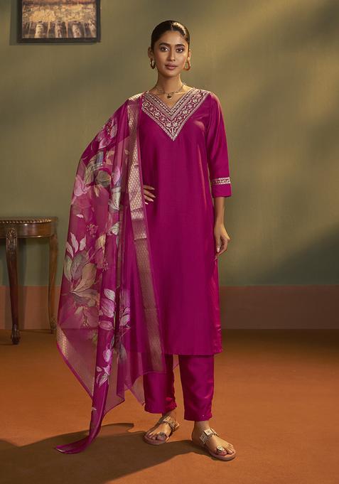 Pink Embroidery Cotton Kurta Set
