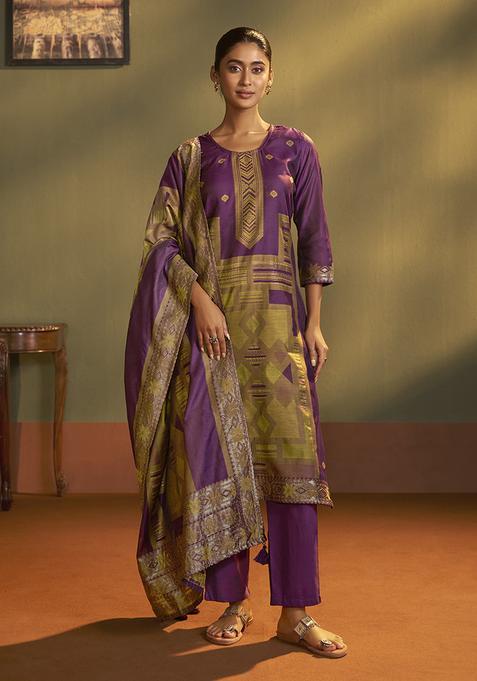 Purple Motif Silk Kurta Set