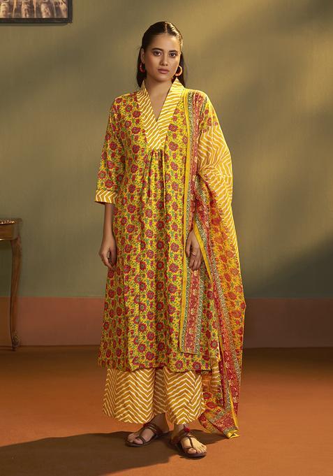 Yellow Printed Cotton Kurta Set