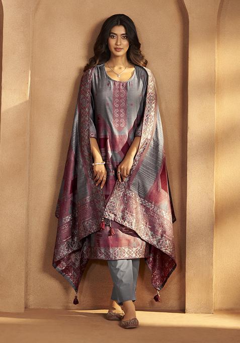 Grey Motif Silk Kurta Set