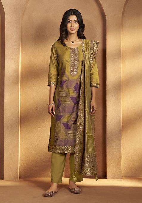 Mustard Motif Silk Kurta Set