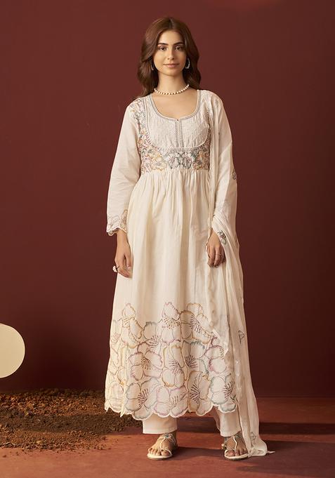 Cream Embroidery Cotton Kurta Set