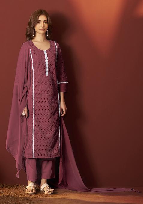 maroon Schiffly With Lace Work Cotton Kurta Set