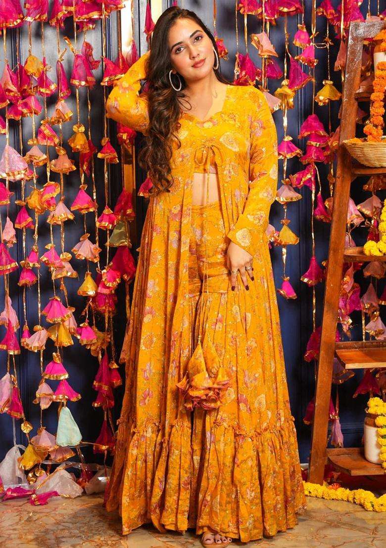 Yellow Digital Print Chinnon Kurta Set - Indya