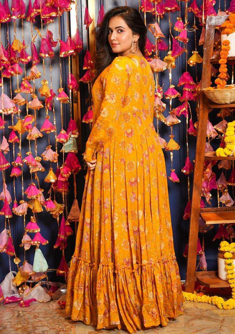 Yellow Digital Print Chinnon Kurta Set - Indya