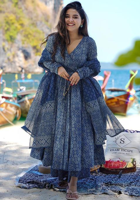 Teal Blue Digital Print Maslin&nbsp; Kurta Set