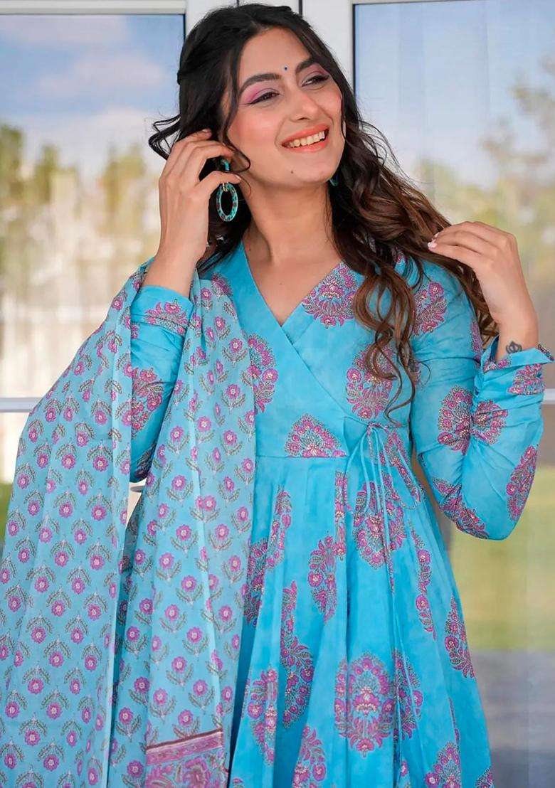 Sky Blue Digital Print Muslin Kurta Set - Indya