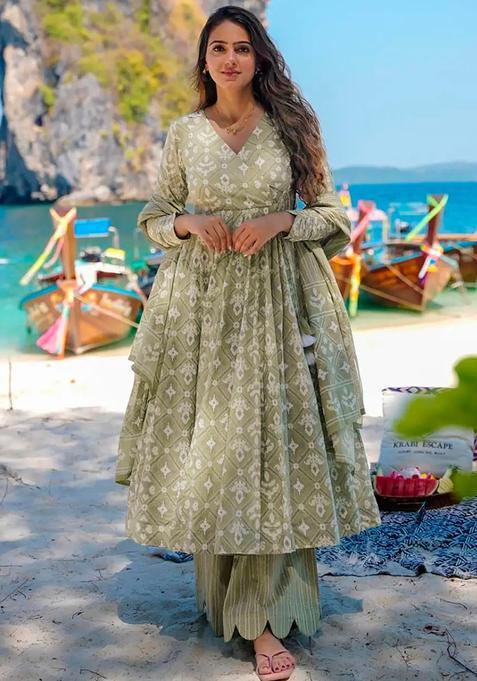 Olive Digital Print Maslin  Kurta Set