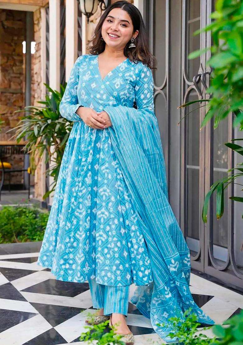 Sky Blue Digital Print Muslin Kurta Set - Indya
