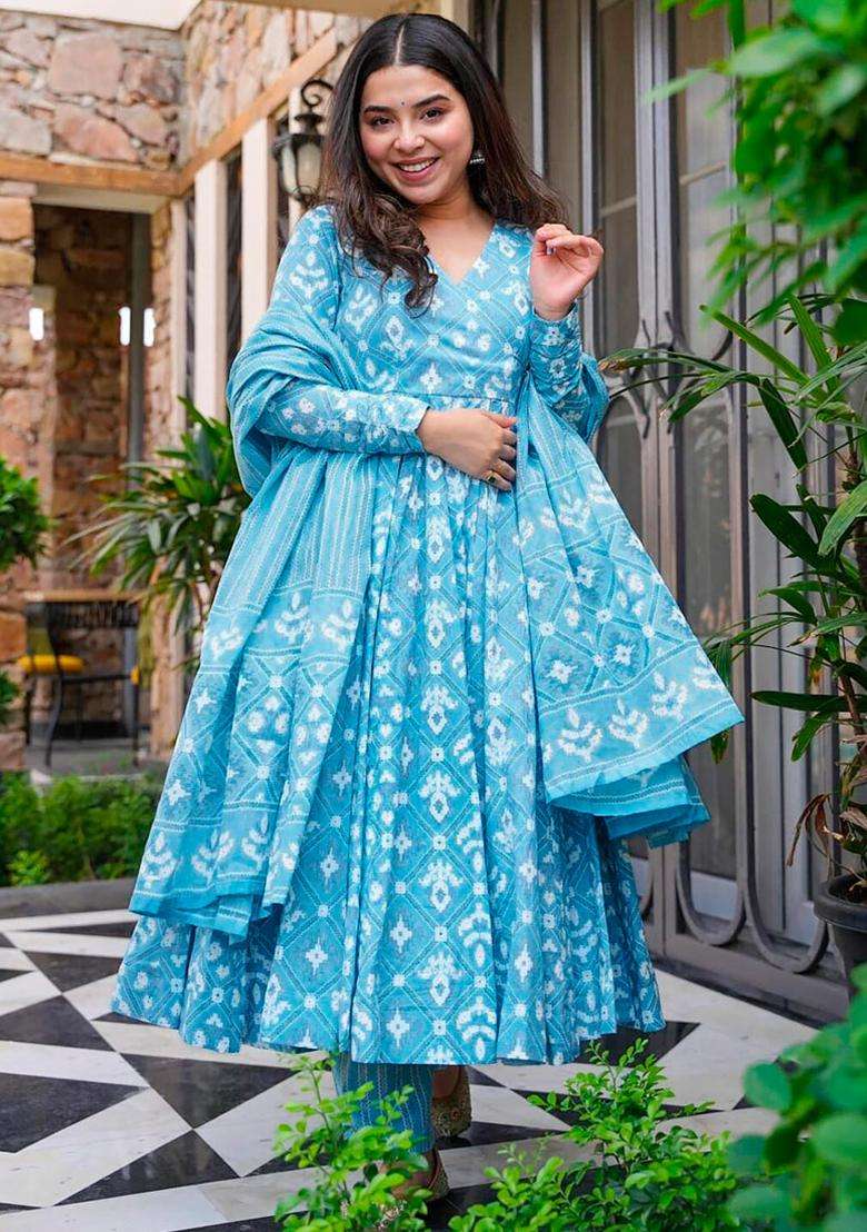 Sky Blue Digital Print Muslin Kurta Set - Indya
