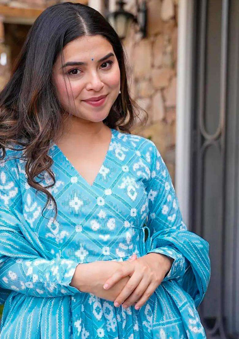 Sky Blue Digital Print Muslin Kurta Set - Indya