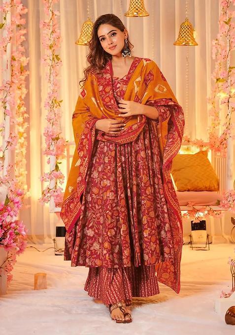 maroon Digital Print Maslin&nbsp; Kurta Set