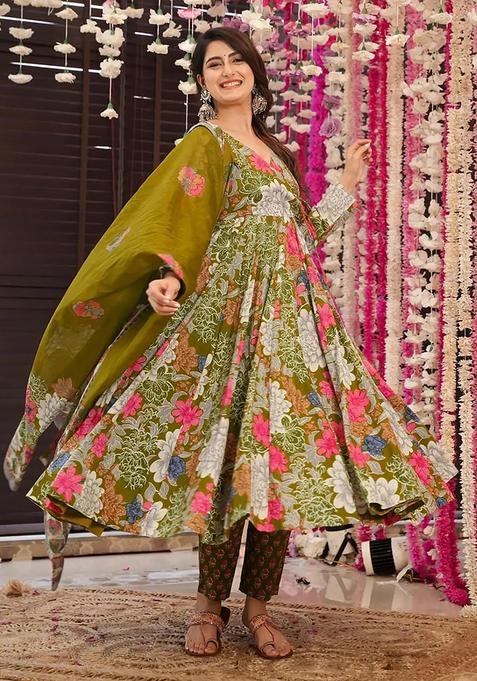 Green Digital Print Maslin&nbsp; Kurta Set