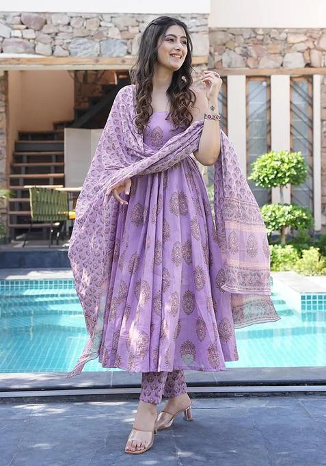 Lavender Digital Print Maslin&nbsp; Kurta Set