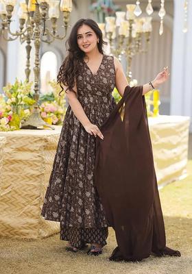Brown Digital Print Maslin&nbsp; Kurta Set