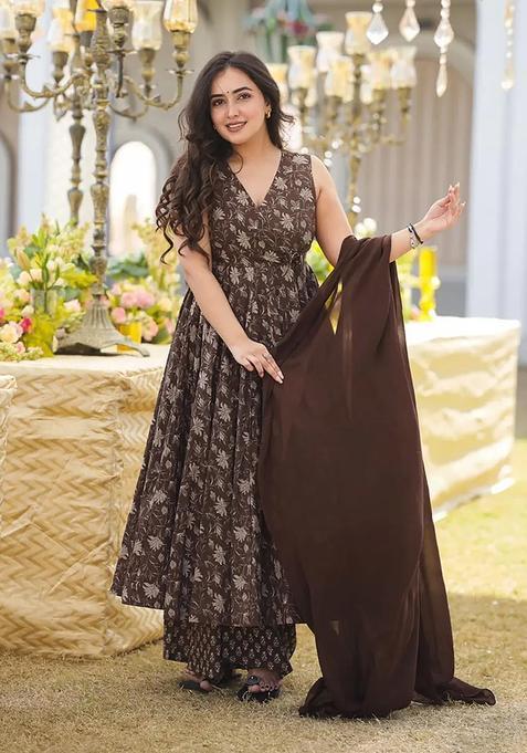 Brown Digital Print Muslin Kurta Set