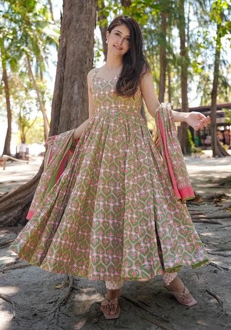 Green Digital Print Maslin  Kurta Set