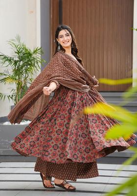 Brown Digital Print Maslin&nbsp; Kurta Set