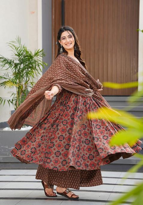 Brown Digital Print Maslin&nbsp; Kurta Set