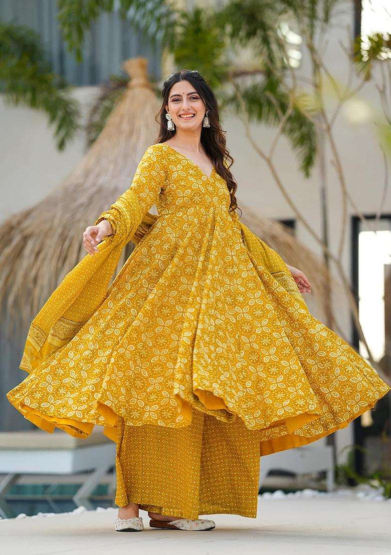 Yellow Digital Print Muslin Kurta Set - Indya