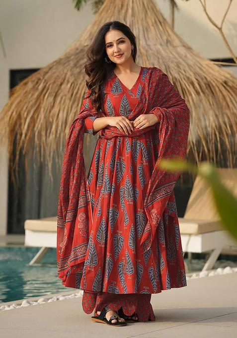Red Digital Print Maslin&nbsp; Kurta Set