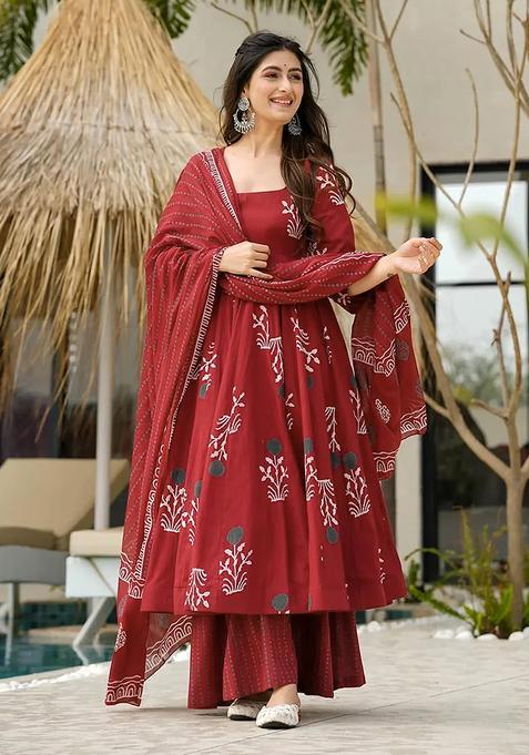 maroon Digital Print Cotton Kurta Set