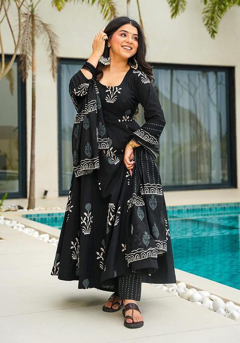 Black Digital Print Cotton Kurta Set